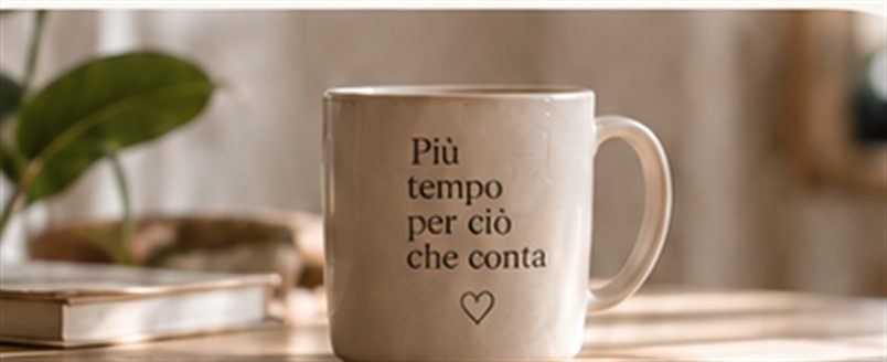 Una tazza color avorio con la scritta «Più tempo per ciò che conta» su un tavolo, accanto a dei libri